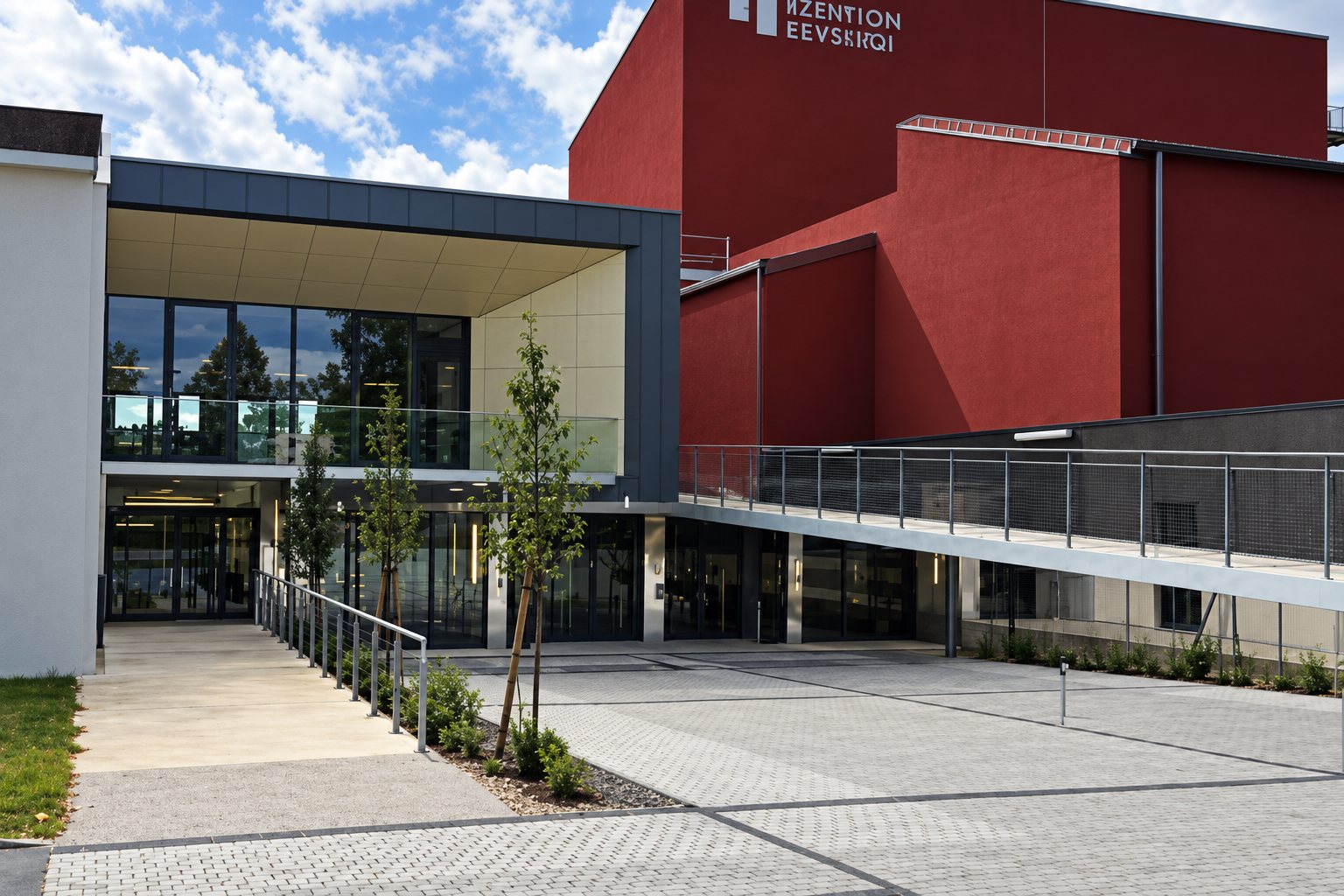 Façade d'un bâtiment moderne rouge et gris avec une grande entrée vitrée, une rampe d'accès et un parvis pavé sous un ciel nuageux.