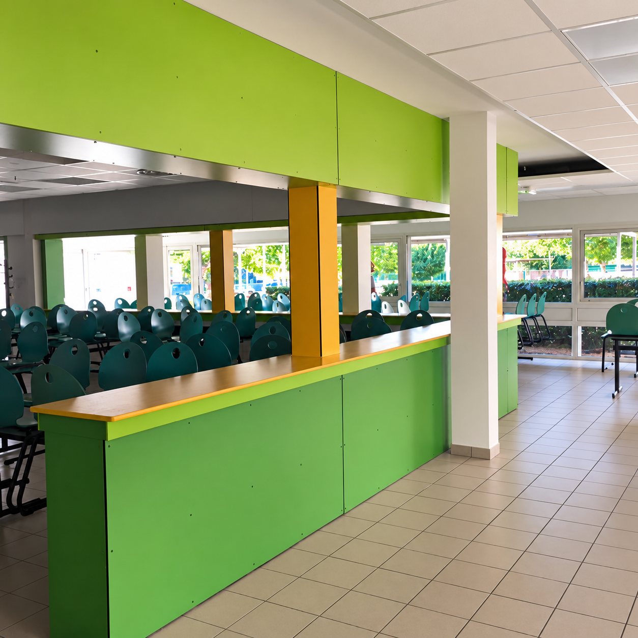 Intérieur d'un réfectoire lumineux avec un comptoir vert à plateau orange, des rangées de chaises vertes et de grandes baies vitrées.